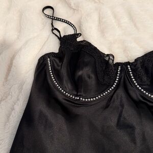 Victoria's Secret Black Satin Mini Dress with Lace and Rhinestones